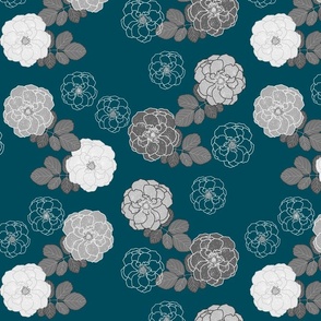 Granny's Rose Trellis - greyscale on peacock blue, medium to large 