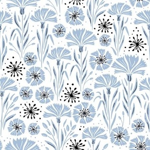 baby blue cornflowers on white with black |  field  wild of flowers