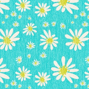 Blue Denim and Daisy Flowers with Grasscloth Texture Dynamic Abstract Modern Geometric Robin Egg Blue 00CCCC Citrine Yellow Mustard CCCC00 and Dynamic Ivory White F0E9DD