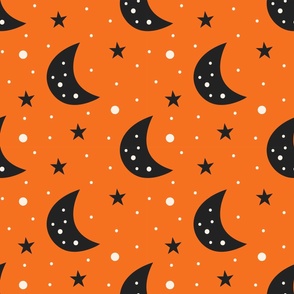 Halloween, Black Stars and Moons on Orange Background