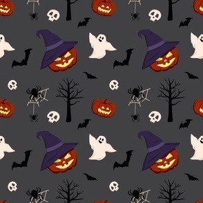 Halloween, Pumpkins, Ghosts, Bats and Witches on Grey Background