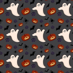 Halloween Spooky Pattern, Ghosts, Bats and Pumpkins