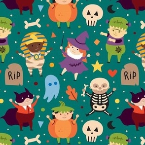 Childrens Halloween Pattern, Witches and Devils, Pumpkins on Green and Blue Background