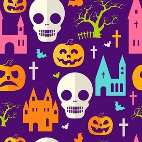 Halloween, Day of the Dead, Pumpkins, Skills, Churches on purple Background