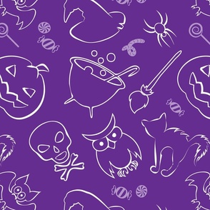 Halloween, Owns, Skulls, Cats, Bats on Purple Backgrounds