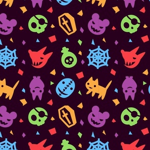 Halloween, Spooky Cute Colorful Animals, Bats, Cats, Coffins and Skulls