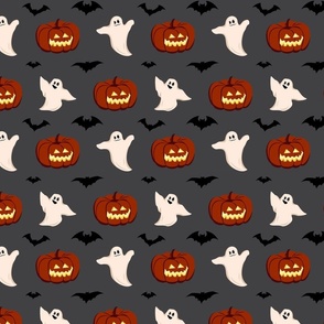 Ghosts, Pumpkins and Bats on Dark Grey Background