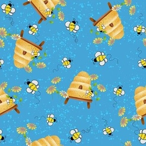 bees and skeps on blue