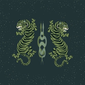 Tigers Dancing With Snakes in Emerald and Teal