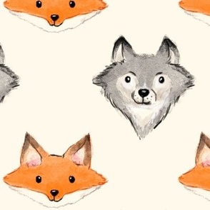 Fox and wolf watercolor bright handdrawn kids pattern bigger scale