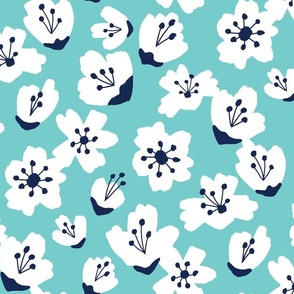 Large Abstract Bold Floral Blooms Aqua White