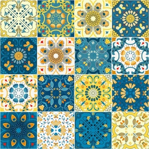 portuguese tiles or cheater quilt - folkart / folklore blue yellow 24inch