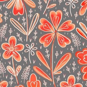 Flowers drawn in chalk, red on a gray background