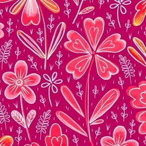 Flowers drawn in chalk, pink and yellow on a dark pink background