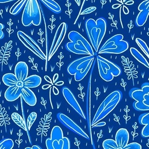 Flowers drawn in chalk, light blue on a blue background