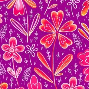 Flowers drawn in chalk, pink and yellow on a purple background