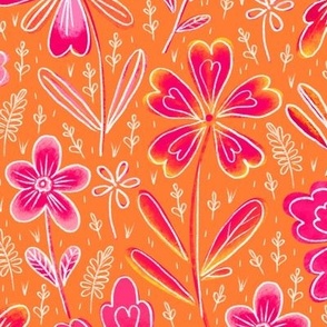 Flowers drawn in chalk, pink and yellow on an orange background