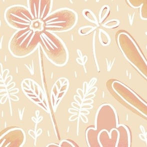 Flowers drawn in chalk, beige on a light beige background