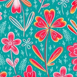 Flowers drawn in chalk, pink and orange on a turquoise background