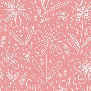 Flowers drawn in chalk, white on a light red background