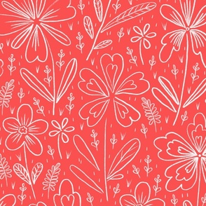 Flowers drawn in chalk, white on a red background