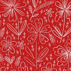 Flowers drawn in chalk, white on a dark red background