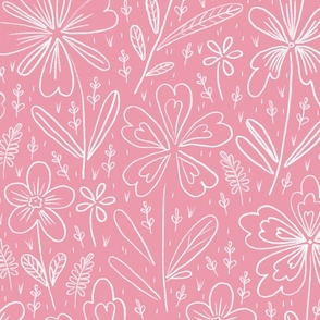 Flowers drawn in chalk, white on a light pink background