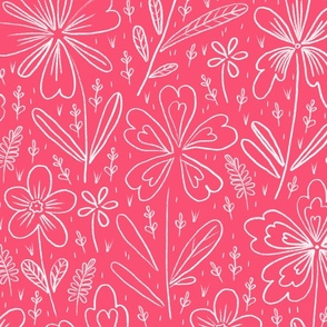 Flowers drawn in chalk, white on a pink background