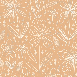 Flowers drawn in chalk, white on a light orange background