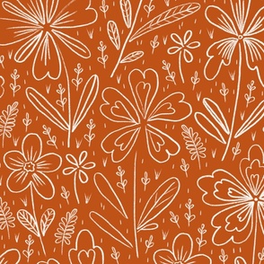 Flowers drawn in chalk, white on a dark orange background