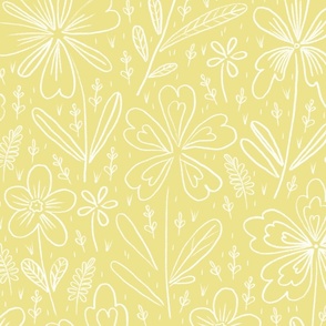 Flowers drawn in chalk, white on a light yellow background