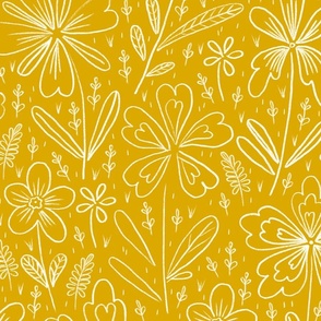 Flowers drawn in chalk, white on a dark yellow background