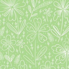 Flowers drawn in chalk, white on a light green background