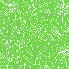 Flowers drawn in chalk, white on a green background