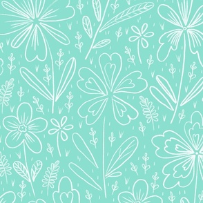 Flowers drawn in chalk, white on a light turquoise background
