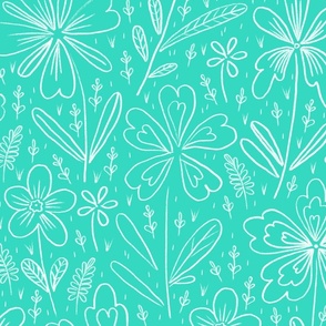 Flowers drawn in chalk, white on a turquoise background