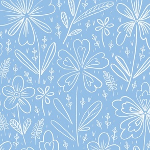 Flowers drawn in chalk, white on a light blue background