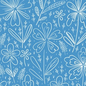 Flowers drawn in chalk, white on a blue background