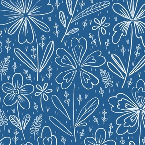 Flowers drawn in chalk, white on a dark blue background