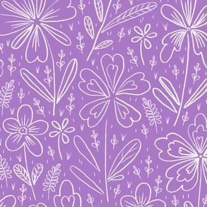 Flowers drawn in chalk, white on a light violet background