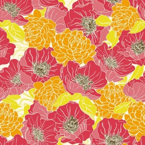 Bright and Bold Peonies- large scale 14 inch red and yellow