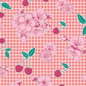 orangey gingham and cherries with cherry blossom in pink
