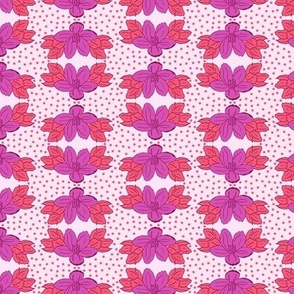 Floral and dots in lines bright ink and coral pink