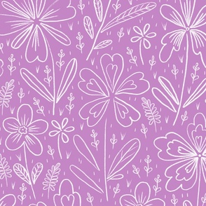 Flowers drawn in chalk, white on a light lilac background