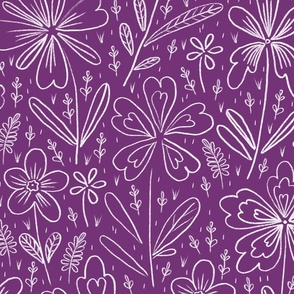 Flowers drawn in chalk, white on a lilac background