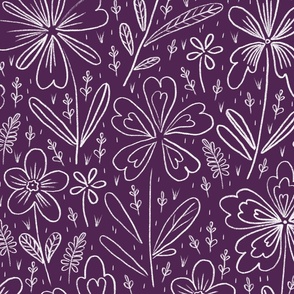 Flowers drawn in chalk, white on a dark lilac background