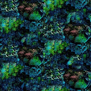 Under the sea abstract, mono print in deep blues and turquoise half drop