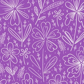 Flowers drawn in chalk, white on a violet background