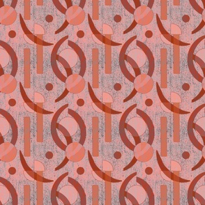 Bold geometric minimalist shapes on linen effect, peach, burnt umber and orange