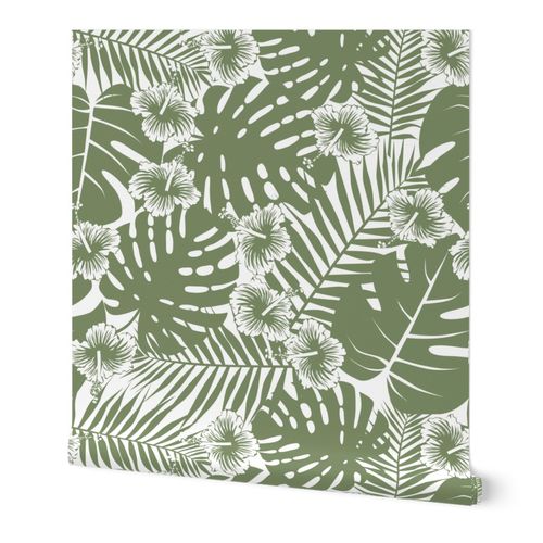 Palm Monstera Hibiscus Tropical Sage Wallpaper | Spoonflower